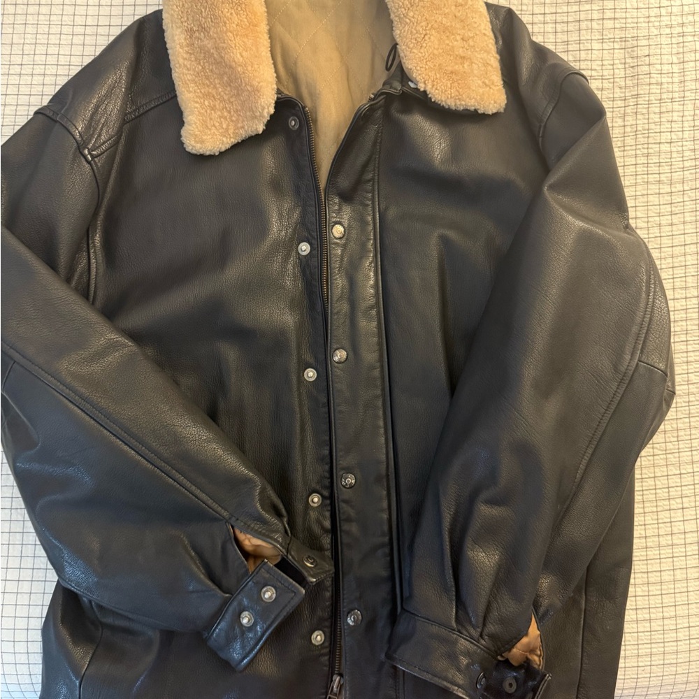Vintage Banana Republic Black Leather Bomber Jacket with Tan Collar